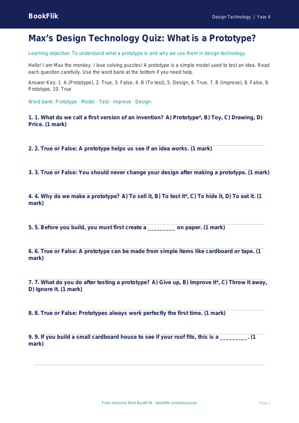 Free Prototyping Quiz | Year 4 Supported | BookFlik worksheet preview — Design-Technology Prototyping