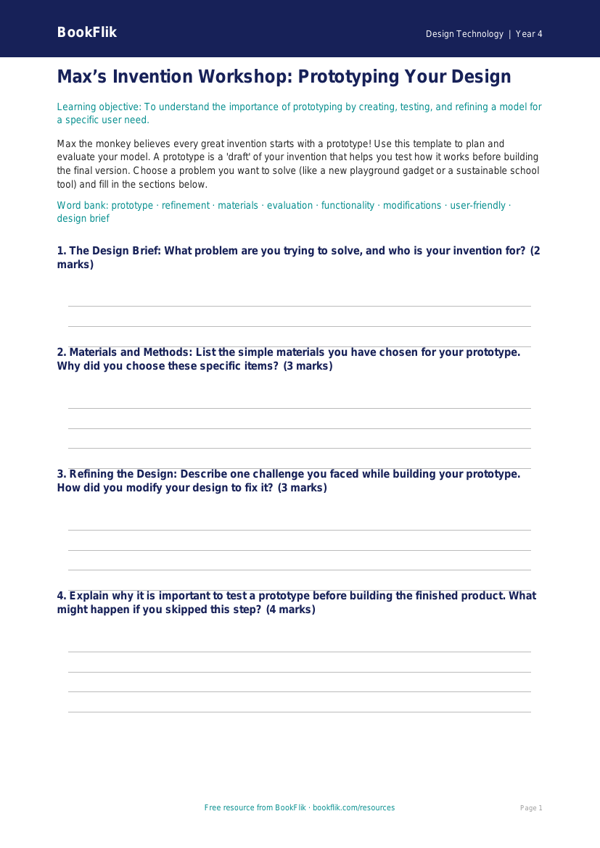 Free Prototyping Template | Year 4 Greater Depth | BookFlik worksheet preview — Design-Technology Prototyping
