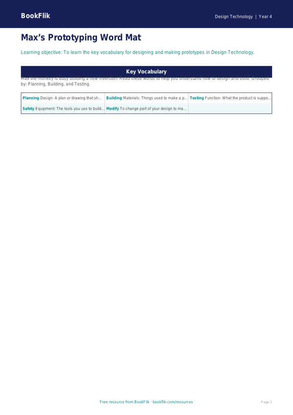 Free Prototyping Word Mat | Year 4 Supported | BookFlik worksheet preview — Design-Technology Prototyping