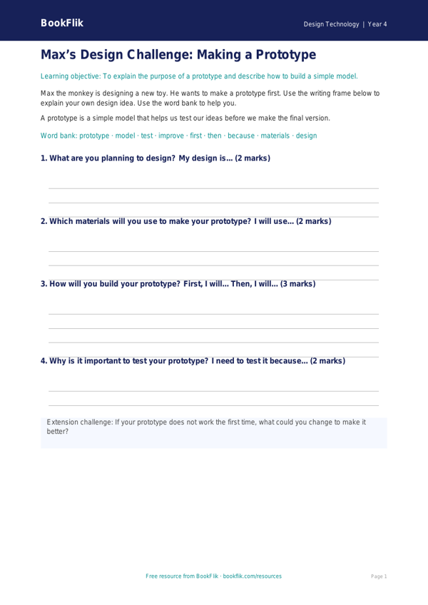 Free Prototyping Writing Frame | Year 4 Supported | BookFlik worksheet preview — Design-Technology Prototyping