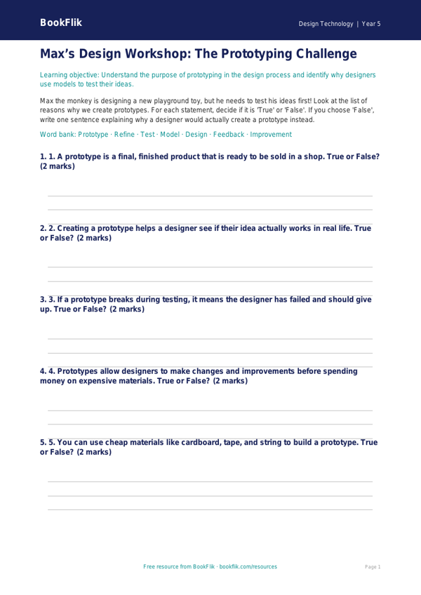 Free Prototyping Activity Sheet | Year 5 Core | BookFlik worksheet preview — Design-Technology Prototyping