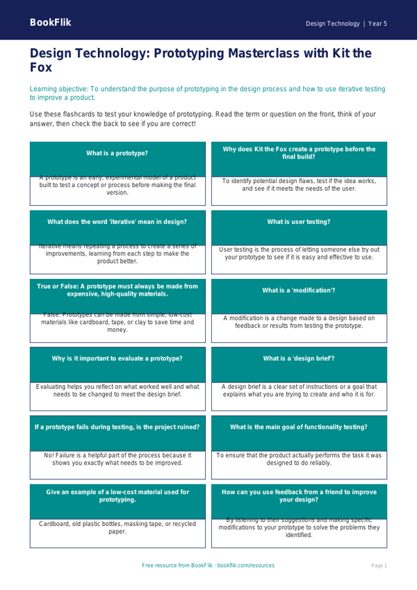 Free Prototyping Flashcards | Year 5 Core | BookFlik worksheet preview — Design-Technology Prototyping