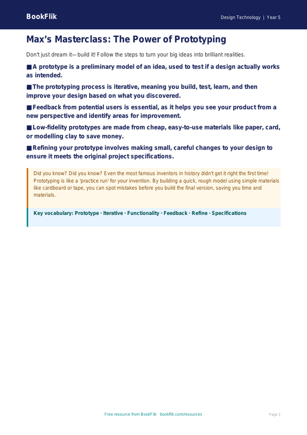 Free Prototyping Poster | Year 5 Core | BookFlik worksheet preview — Design-Technology Prototyping