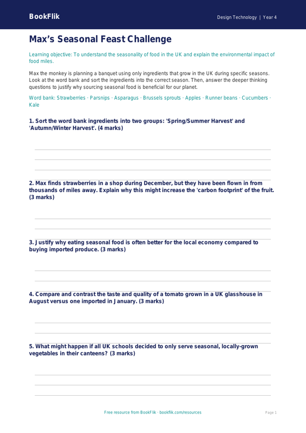 Free Seasonal Food Activity Sheet | Year 4 Greater Depth | BookFlik worksheet preview — Design-Technology Seasonal Food