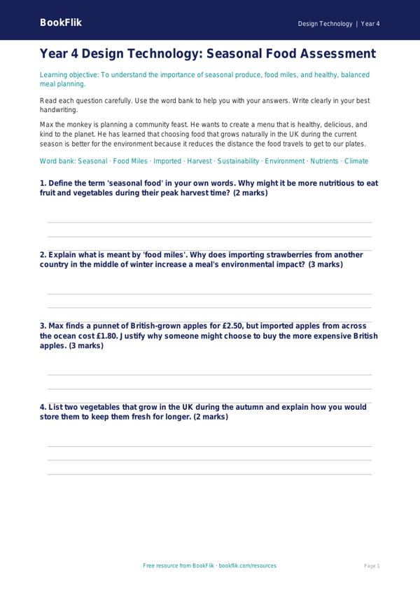 Free Seasonal Food Assessment | Year 4 Greater Depth | BookFlik worksheet preview — Design-Technology Seasonal Food