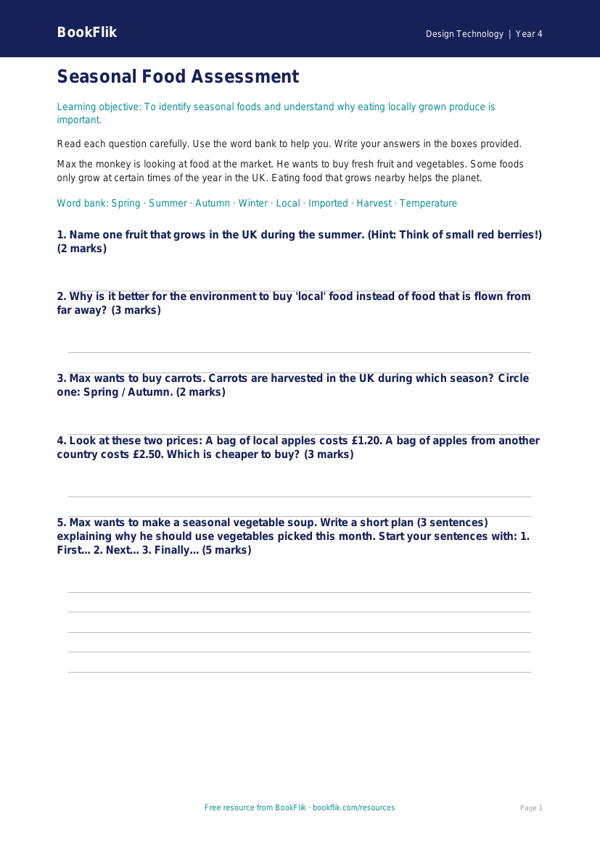 Free Seasonal Food Assessment | Year 4 Supported | BookFlik worksheet preview — Design-Technology Seasonal Food