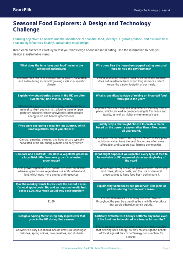 Free Seasonal Food Flashcards | Year 4 Greater Depth | BookFlik worksheet preview — Design-Technology Seasonal Food