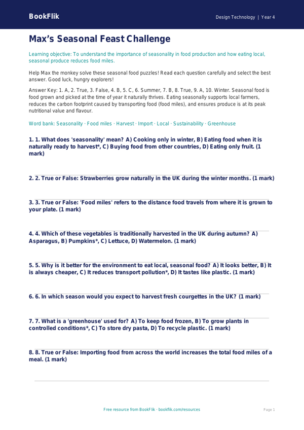 Free Seasonal Food Quiz | Year 4 Greater Depth | BookFlik worksheet preview — Design-Technology Seasonal Food