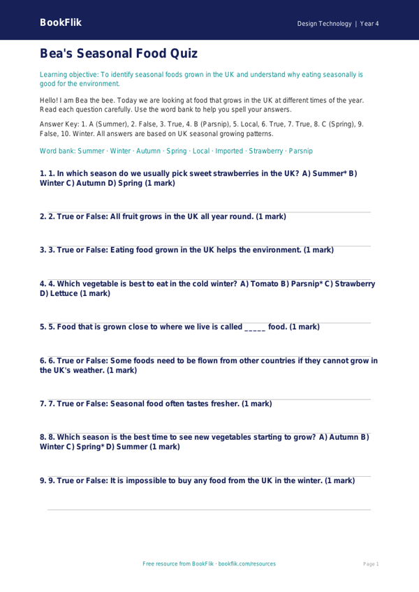 Free Seasonal Food Quiz | Year 4 Supported | BookFlik worksheet preview — Design-Technology Seasonal Food