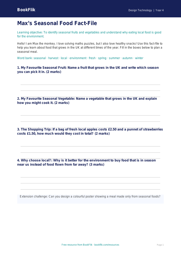 Free Seasonal Food Template | Year 4 Supported | BookFlik worksheet preview — Design-Technology Seasonal Food
