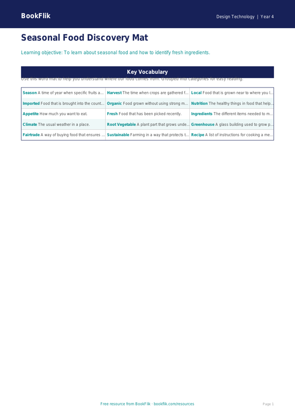 Free Seasonal Food Word Mat | Year 4 Supported | BookFlik worksheet preview — Design-Technology Seasonal Food