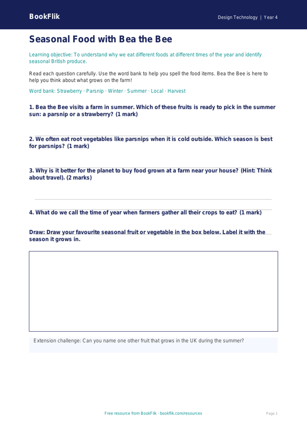 Free Seasonal Food Worksheet | Year 4 Supported | BookFlik worksheet preview — Design-Technology Seasonal Food