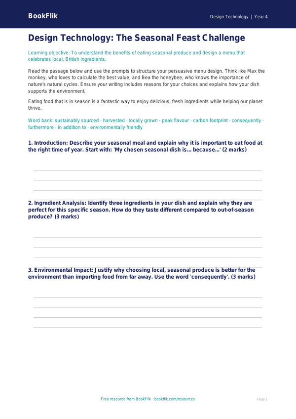 Free Seasonal Food Writing Frame | Year 4 Greater Depth | BookFlik worksheet preview — Design-Technology Seasonal Food