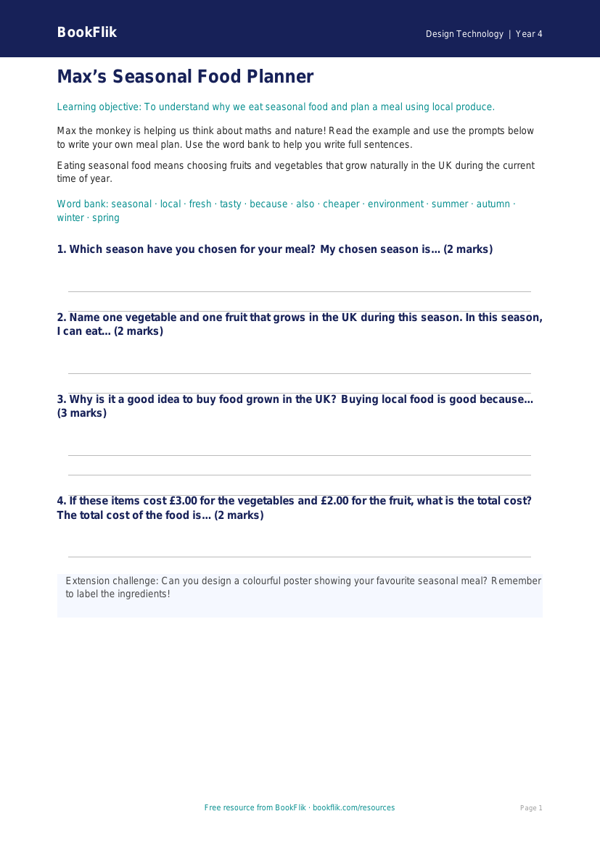 Free Seasonal Food Writing Frame | Year 4 Supported | BookFlik worksheet preview — Design-Technology Seasonal Food