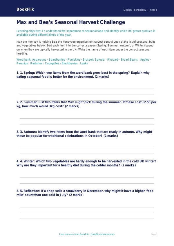Free Seasonal Food Activity Sheet | Year 5 Core | BookFlik worksheet preview — Design-Technology Seasonal Food