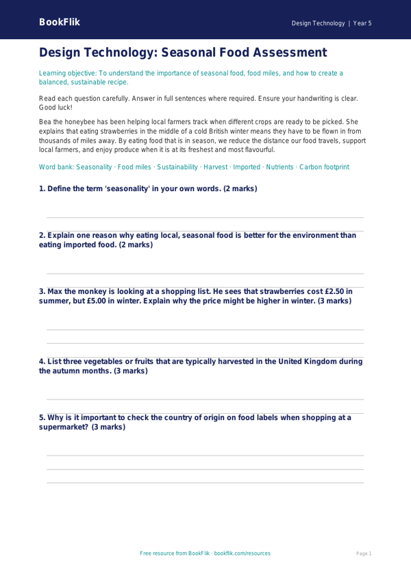 Free Seasonal Food Assessment | Year 5 Core | BookFlik worksheet preview — Design-Technology Seasonal Food