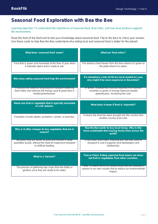 Free Seasonal Food Flashcards | Year 5 Core | BookFlik worksheet preview — Design-Technology Seasonal Food