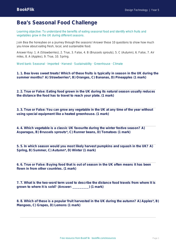 Free Seasonal Food Quiz | Year 5 Core | BookFlik worksheet preview — Design-Technology Seasonal Food
