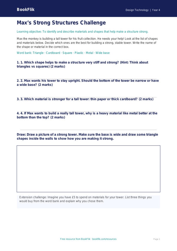 Free Structures Activity Sheet | Year 4 Supported | BookFlik worksheet preview — Design-Technology Structures