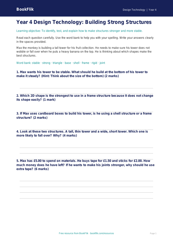 Free Structures Assessment | Year 4 Supported | BookFlik worksheet preview — Design-Technology Structures