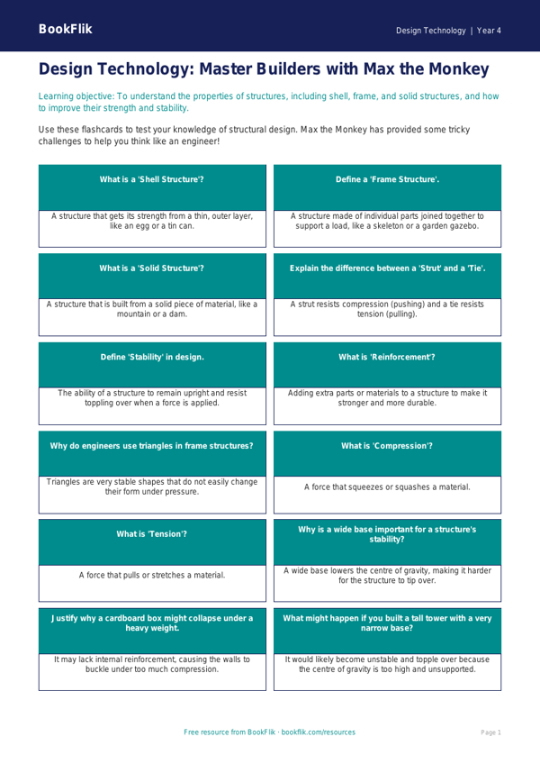 Free Structures Flashcards | Year 4 Greater Depth | BookFlik worksheet preview — Design-Technology Structures