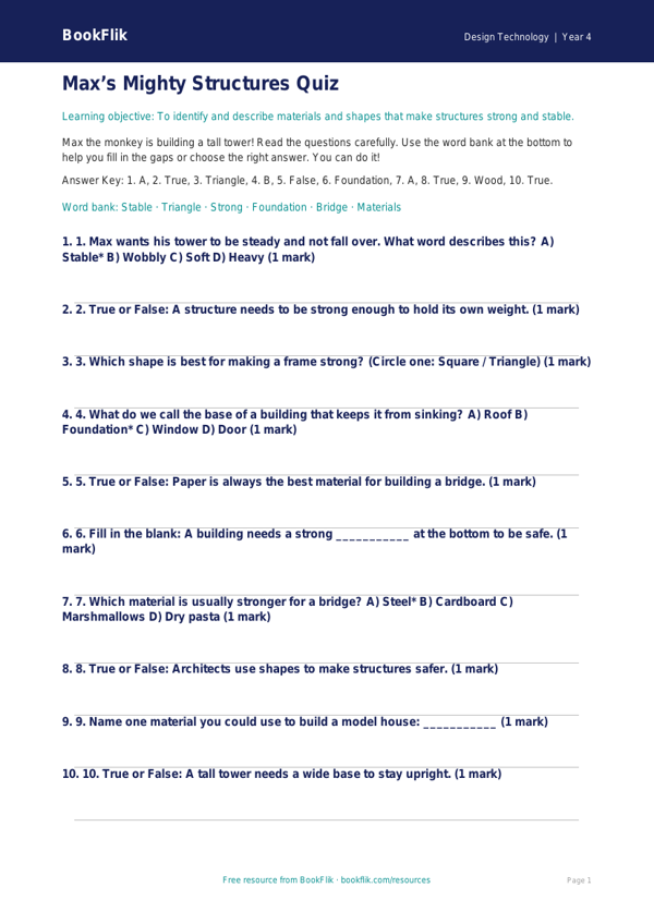 Free Structures Quiz | Year 4 Supported | BookFlik worksheet preview — Design-Technology Structures