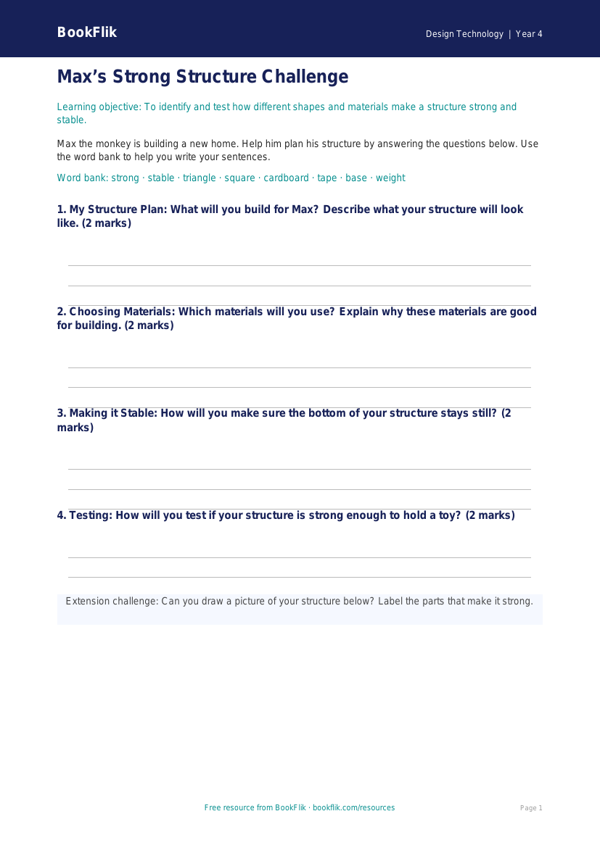 Free Structures Template | Year 4 Supported | BookFlik worksheet preview — Design-Technology Structures