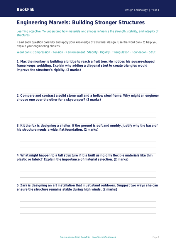 Free Structures Worksheet | Year 4 Greater Depth | BookFlik worksheet preview — Design-Technology Structures
