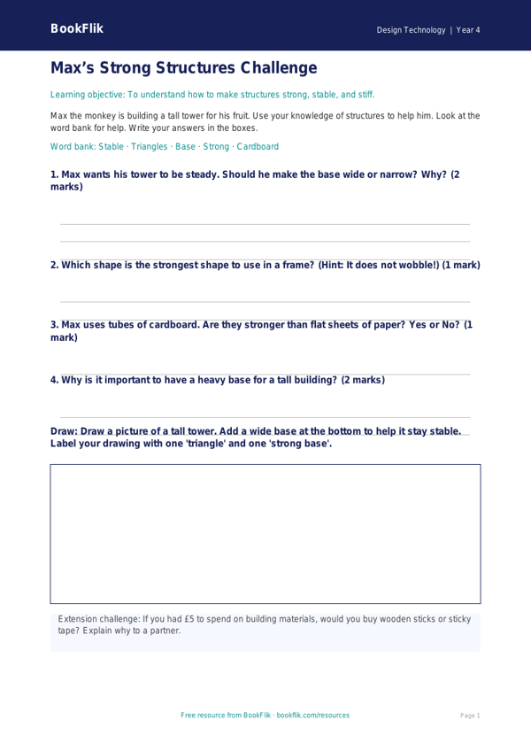 Free Structures Worksheet | Year 4 Supported | BookFlik worksheet preview — Design-Technology Structures