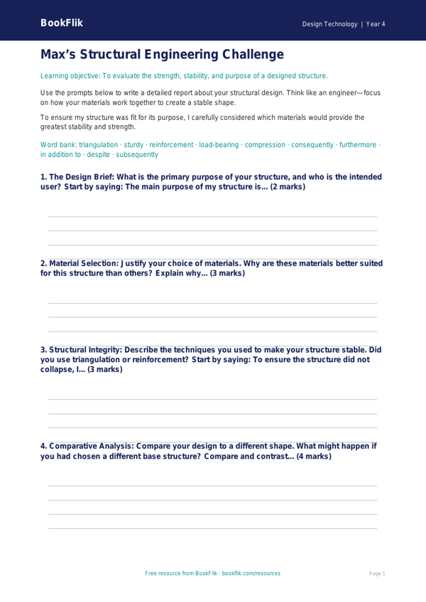 Free Structures Writing Frame | Year 4 Greater Depth | BookFlik worksheet preview — Design-Technology Structures