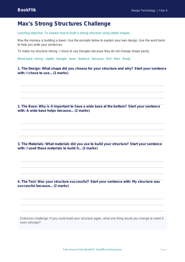 Free Structures Writing Frame | Year 4 Supported | BookFlik worksheet preview — Design-Technology Structures