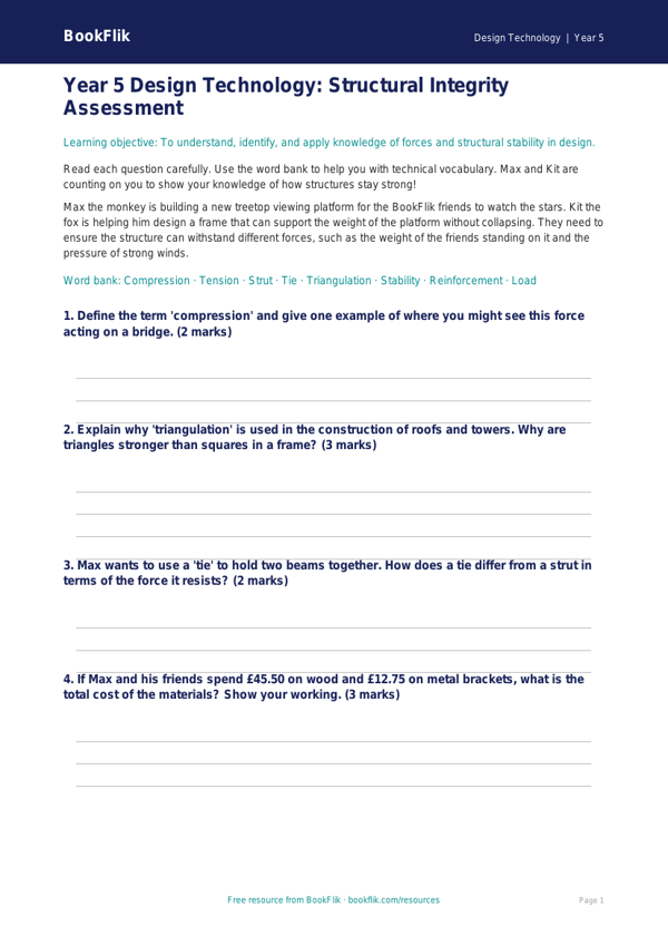 Free Structures Assessment | Year 5 Core | BookFlik worksheet preview — Design-Technology Structures