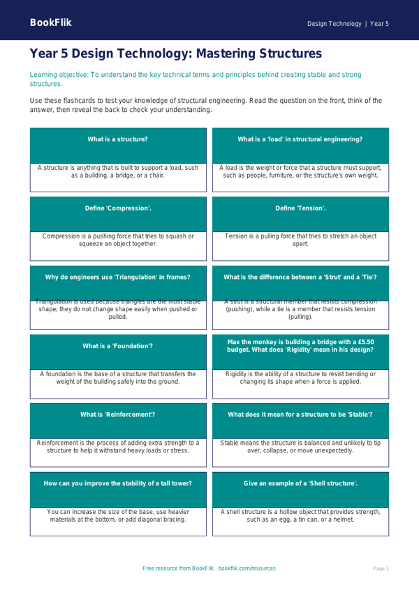 Free Structures Flashcards | Year 5 Core | BookFlik worksheet preview — Design-Technology Structures