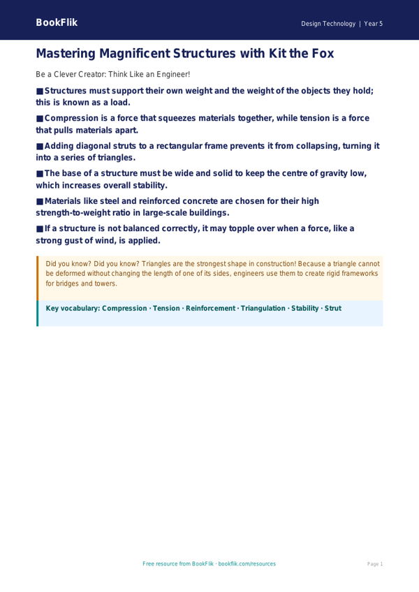 Free Structures Poster | Year 5 Core | BookFlik worksheet preview — Design-Technology Structures