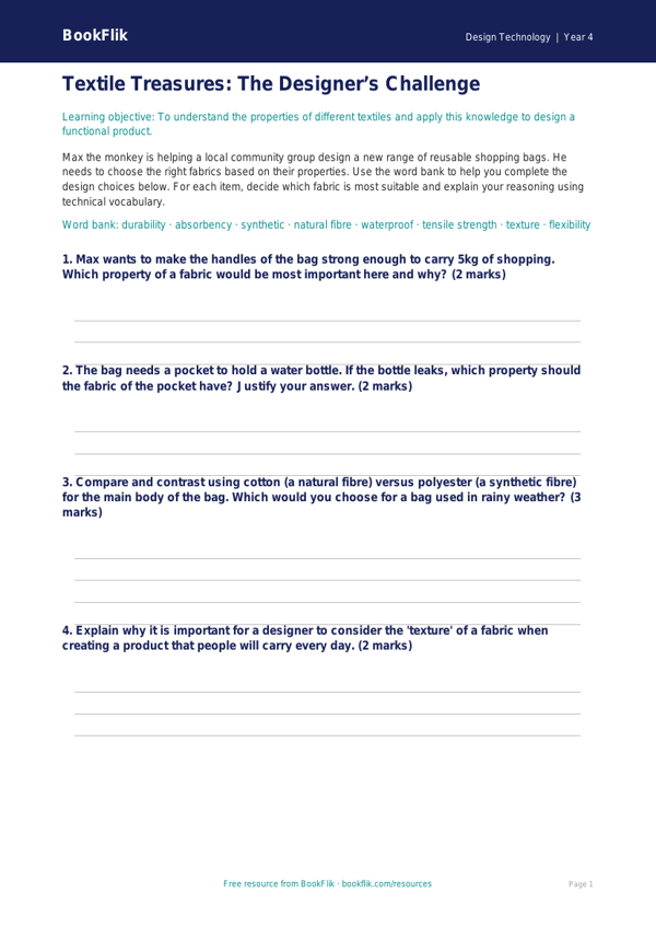 Free Textiles Activity Sheet | Year 4 Greater Depth | BookFlik worksheet preview — Design-Technology Textiles