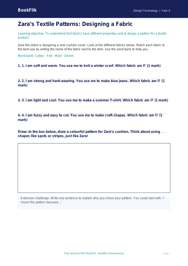 Free Textiles Activity Sheet | Year 4 Supported | BookFlik worksheet preview — Design-Technology Textiles