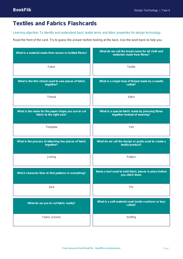 Free Textiles Flashcards | Year 4 Supported | BookFlik worksheet preview — Design-Technology Textiles