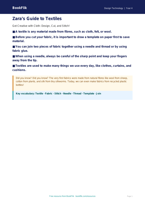 Free Textiles Poster | Year 4 Supported | BookFlik worksheet preview — Design-Technology Textiles