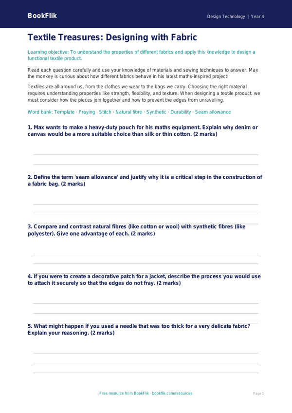 Free Textiles Worksheet | Year 4 Greater Depth | BookFlik worksheet preview — Design-Technology Textiles