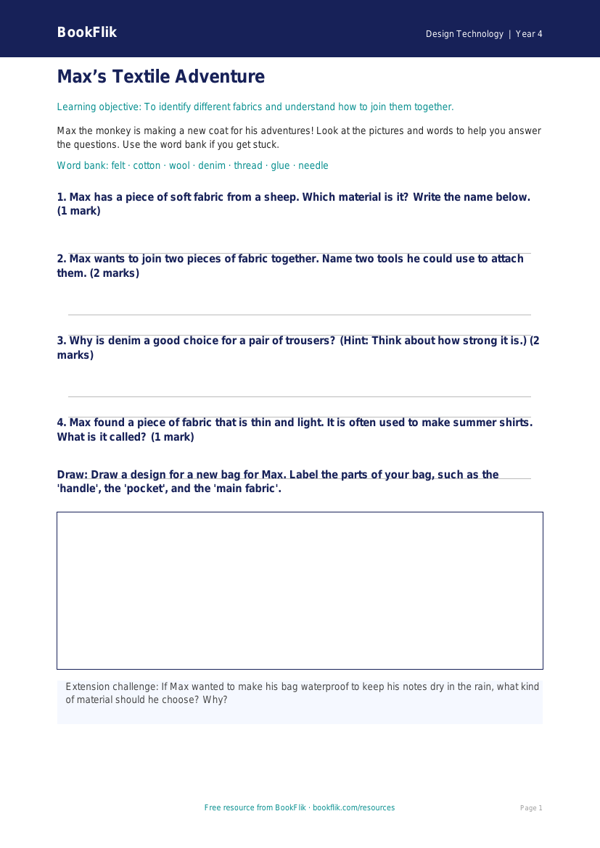Free Textiles Worksheet | Year 4 Supported | BookFlik worksheet preview — Design-Technology Textiles