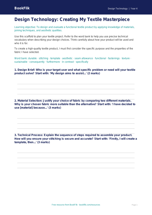Free Textiles Writing Frame | Year 4 Greater Depth | BookFlik worksheet preview — Design-Technology Textiles
