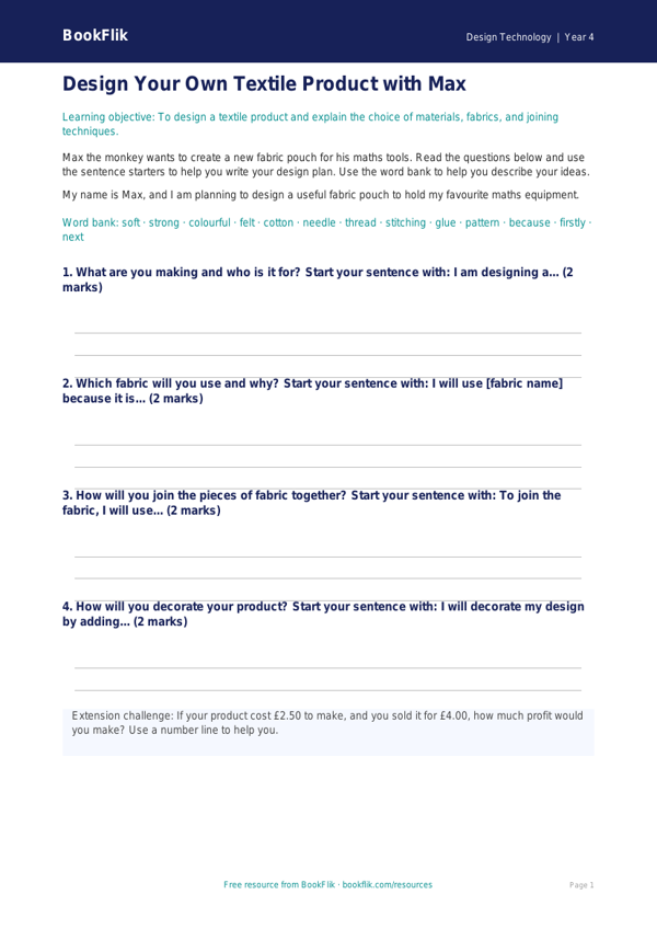 Free Textiles Writing Frame | Year 4 Supported | BookFlik worksheet preview — Design-Technology Textiles