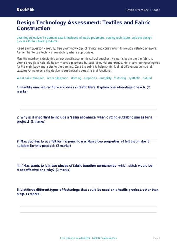 Free Textiles Assessment | Year 5 Core | BookFlik worksheet preview — Design-Technology Textiles