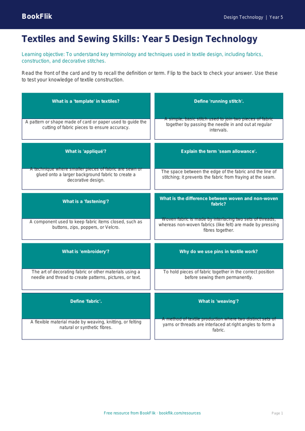 Free Textiles Flashcards | Year 5 Core | BookFlik worksheet preview — Design-Technology Textiles
