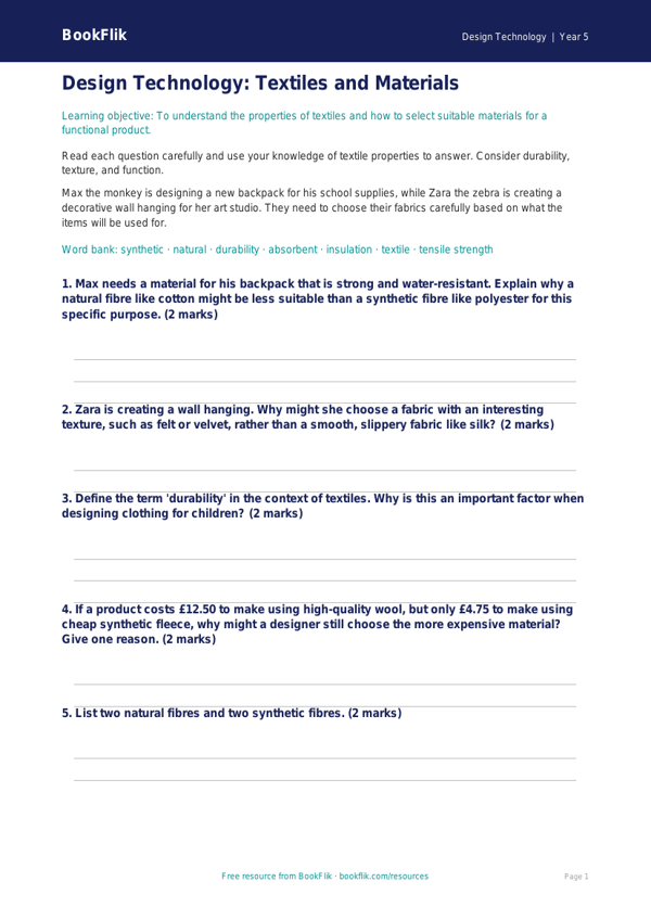 Free Textiles Worksheet | Year 5 Core | BookFlik worksheet preview — Design-Technology Textiles