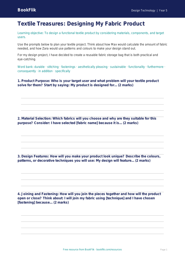 Free Textiles Writing Frame | Year 5 Core | BookFlik worksheet preview — Design-Technology Textiles