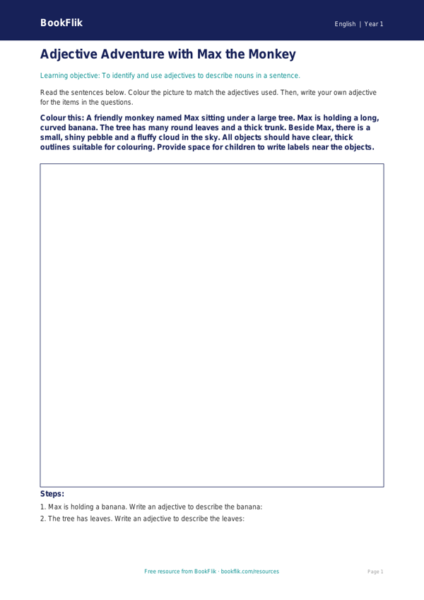 Free Adjectives Colouring Page | Year 1 Core | BookFlik worksheet preview — English Adjectives