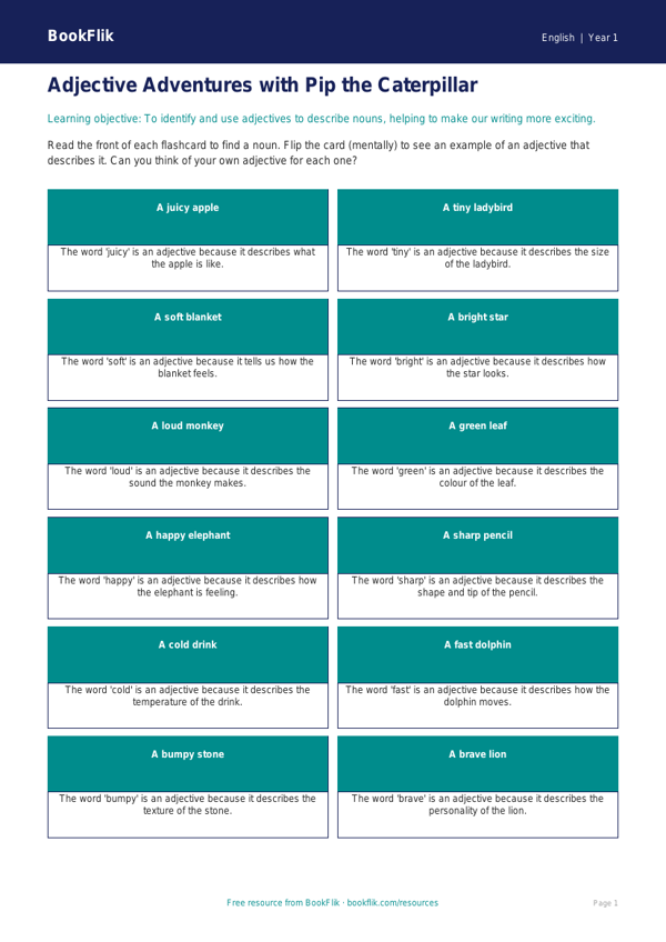 Free Adjectives Flashcards | Year 1 Core | BookFlik worksheet preview — English Adjectives