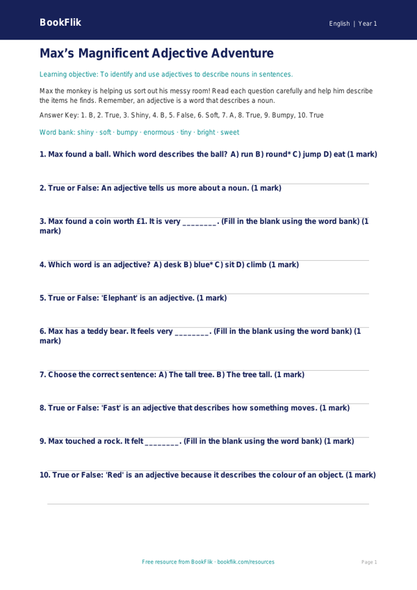 Free Adjectives Quiz | Year 1 Core | BookFlik worksheet preview — English Adjectives