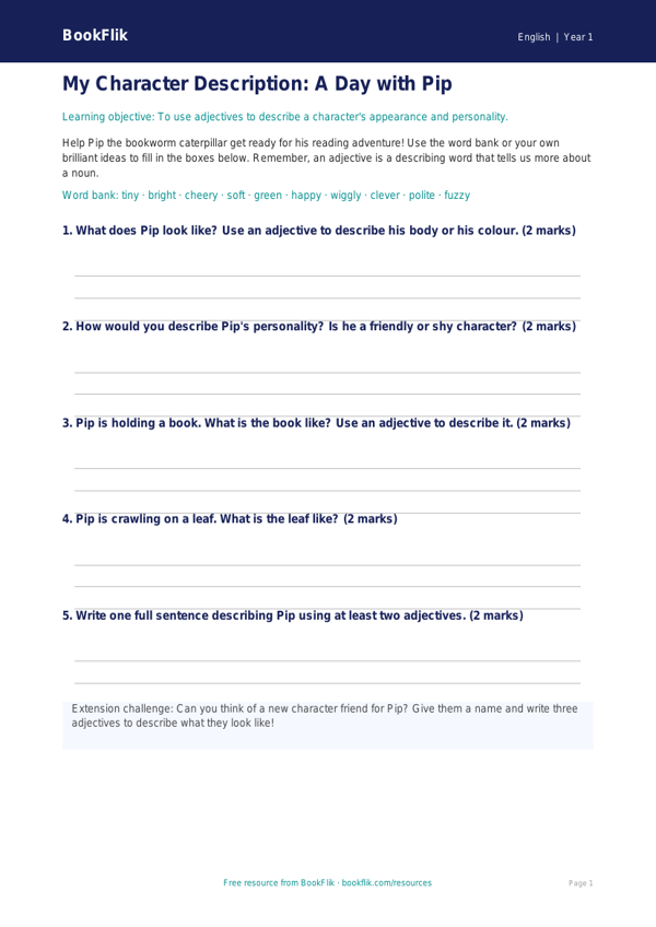 Free Adjectives Template | Year 1 Core | BookFlik worksheet preview — English Adjectives